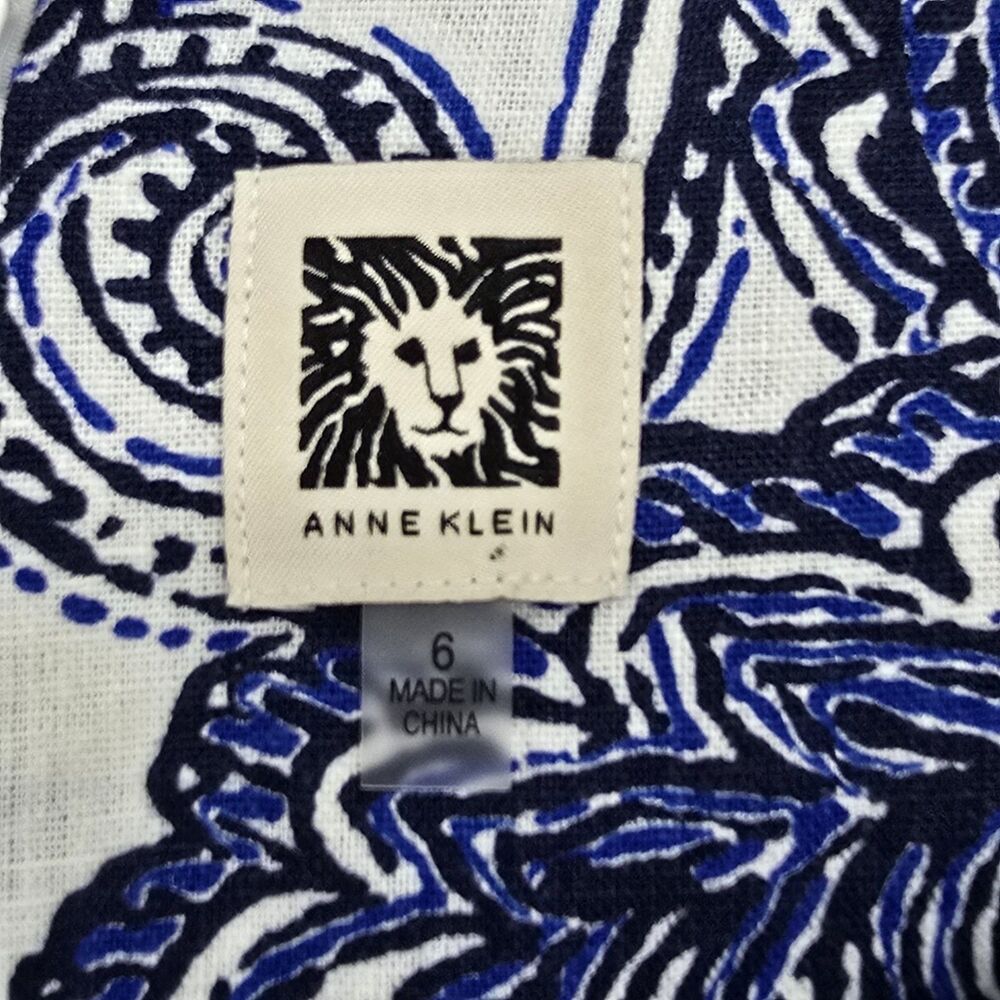 Anne Klein A line Dress Women's 6 White Blue Paisley Print Linen Blend Pockets - Picture 4 of 7